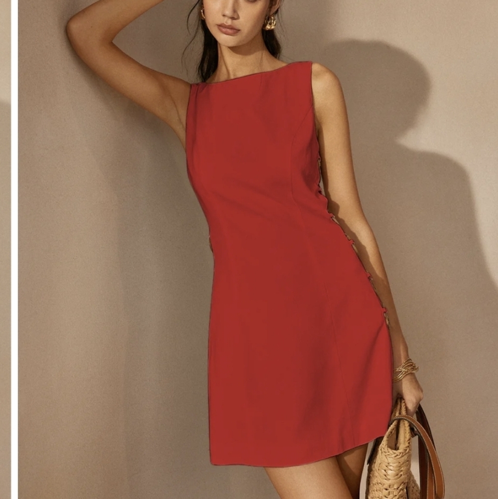 Commense Dress Mini O Ring Cutout Sleeveless Zipper Back Linen Blend Red XS NWT - Picture 2 of 5
